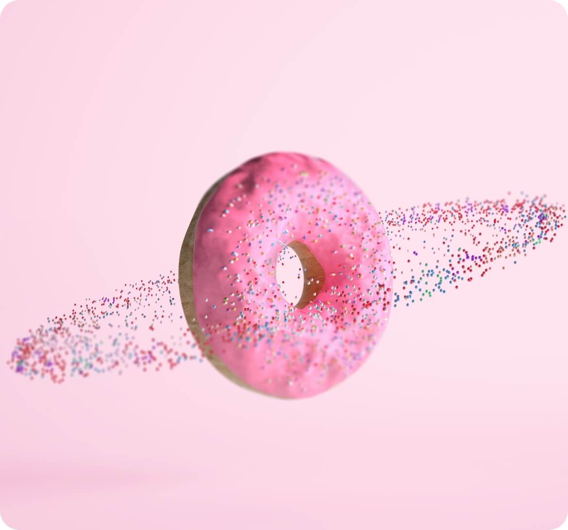 A pink, sprinkled donut.